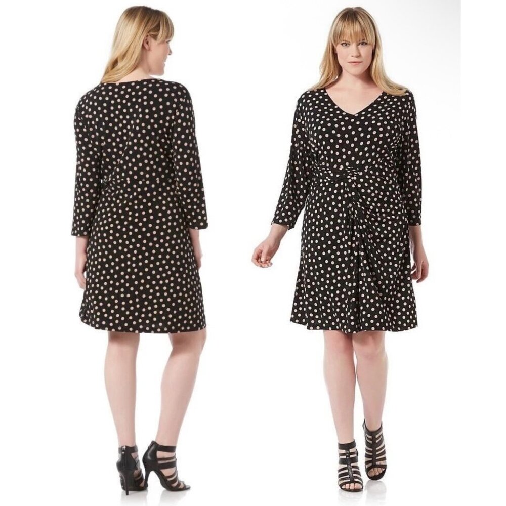 Metaphor Black Tan Polka Dot Print Draped Ruched‎ Dress Size 1X 16 Plus Size